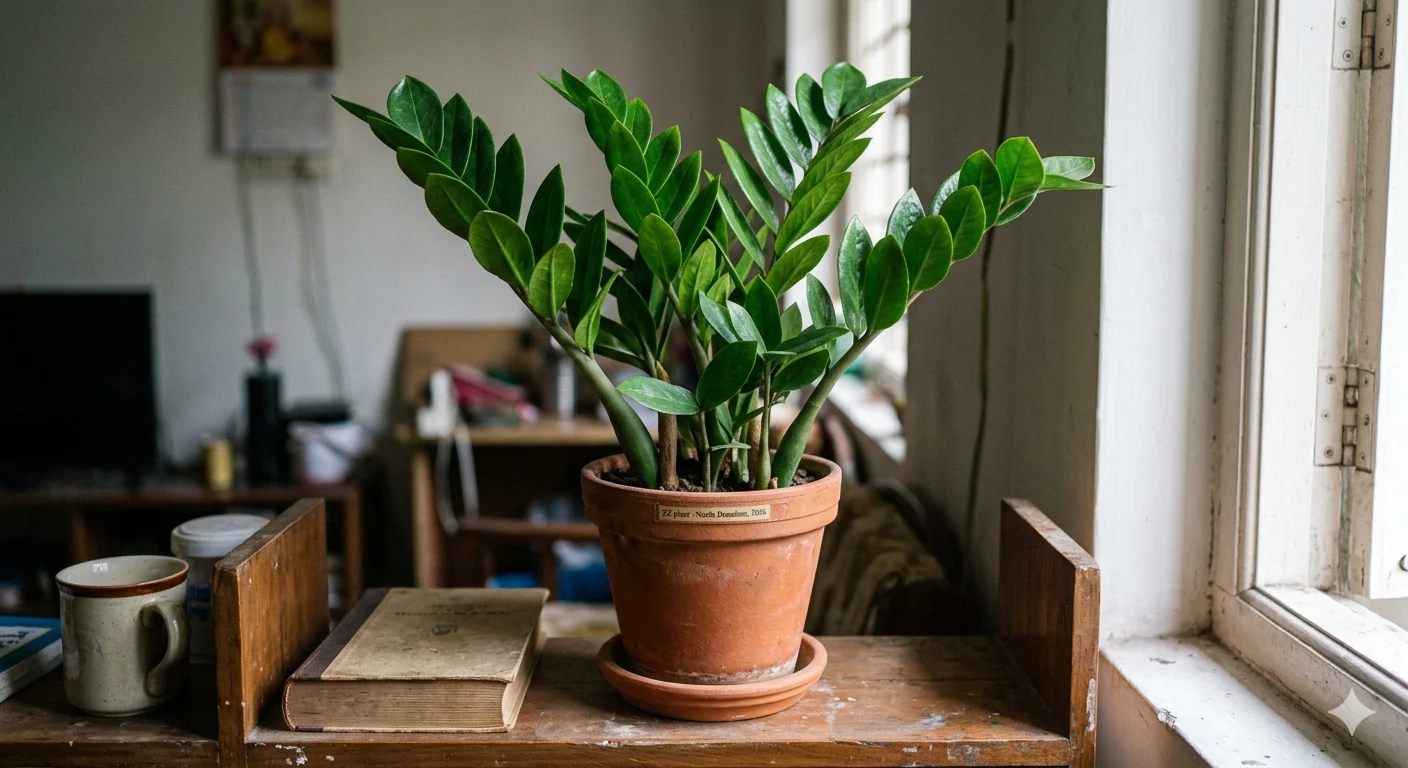 Healthy ZZ plant with glossy dark green arching stems and oval leaflets in a white ceramic pot in a modern interior